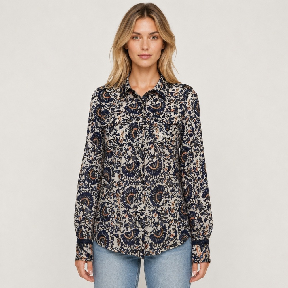 Tory Burch Blouse Cotton‎ Vines Floral Button Up Sz 2 Boho Hippie Festival